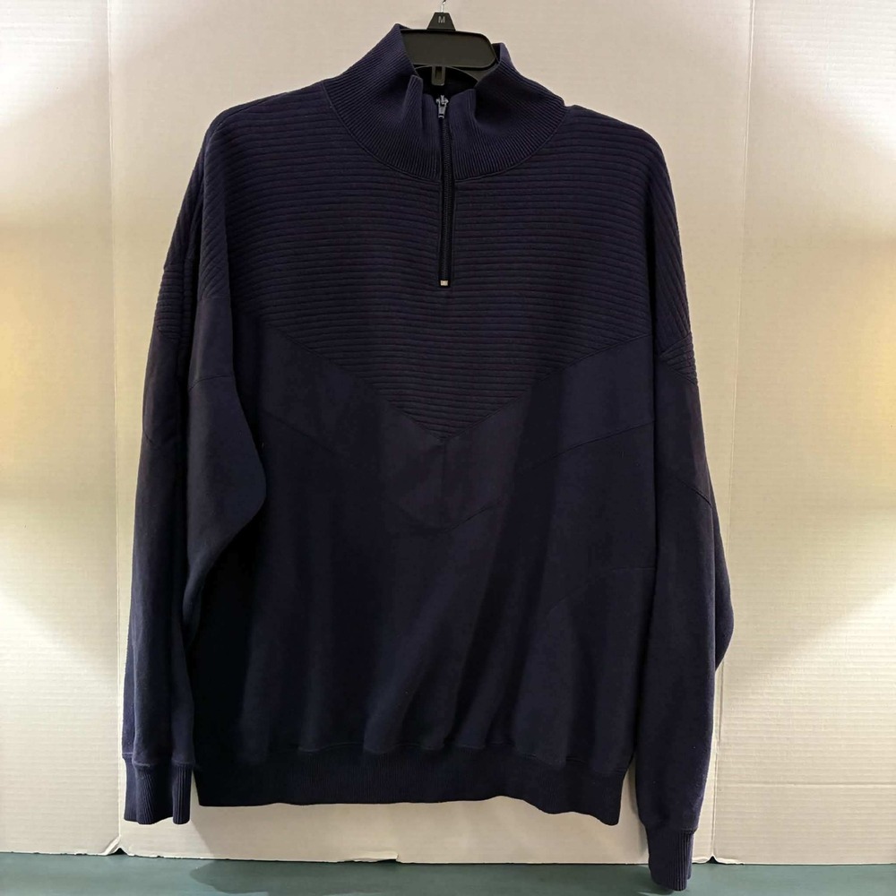 Banner Sweatshirt Mens XL Navy Blue Mock Neck Ribbed Textured Yoke Vintage